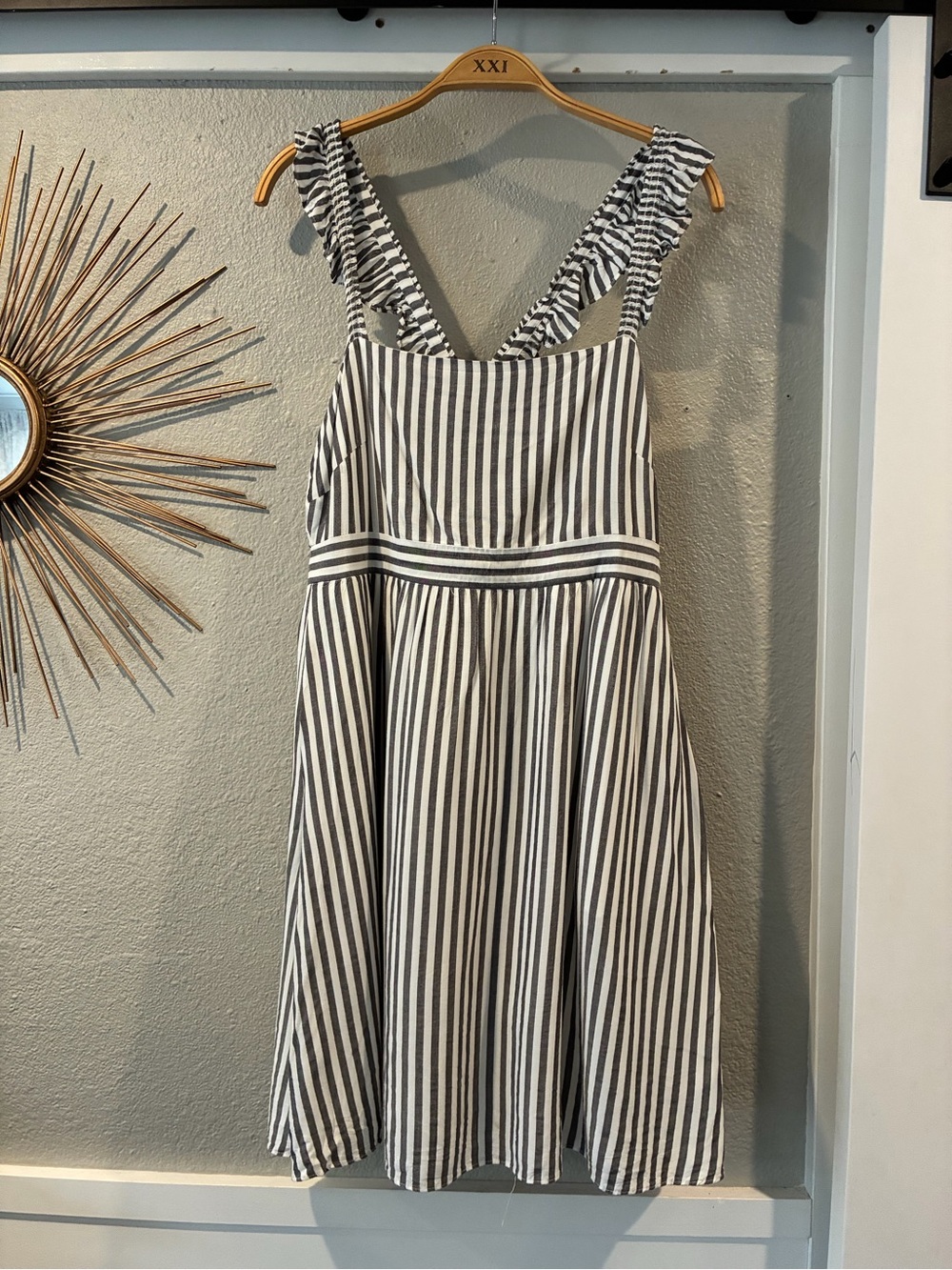 Madewell Blue & White Vertical-Stripe Ruffle-Strap Mini Dress